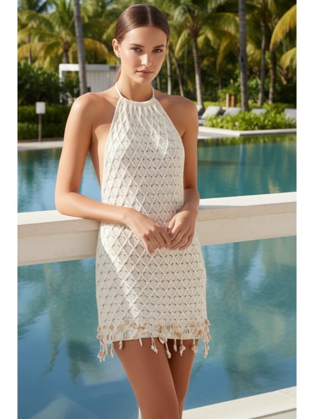 Seashell Trim Openwork Knit Halter Neck Sleeveless Mini Dress Apricot Mermaid